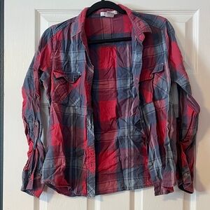 Women's Red and Gray Plaid Shirt Jacket